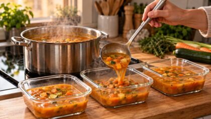 Soupe maison répartie dans plusieurs récipients pour refroidir plus rapidement