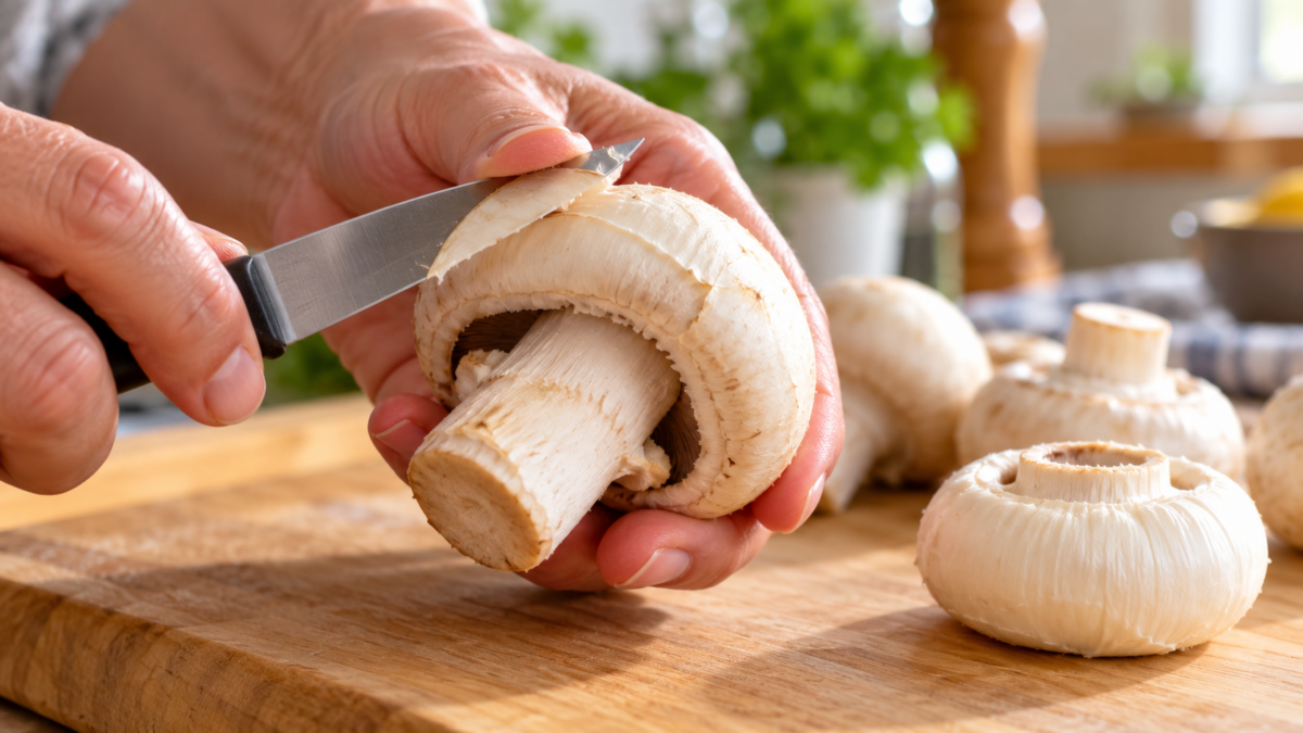 Une personne retire la fine peau d’un champignon de Paris avec un couteau