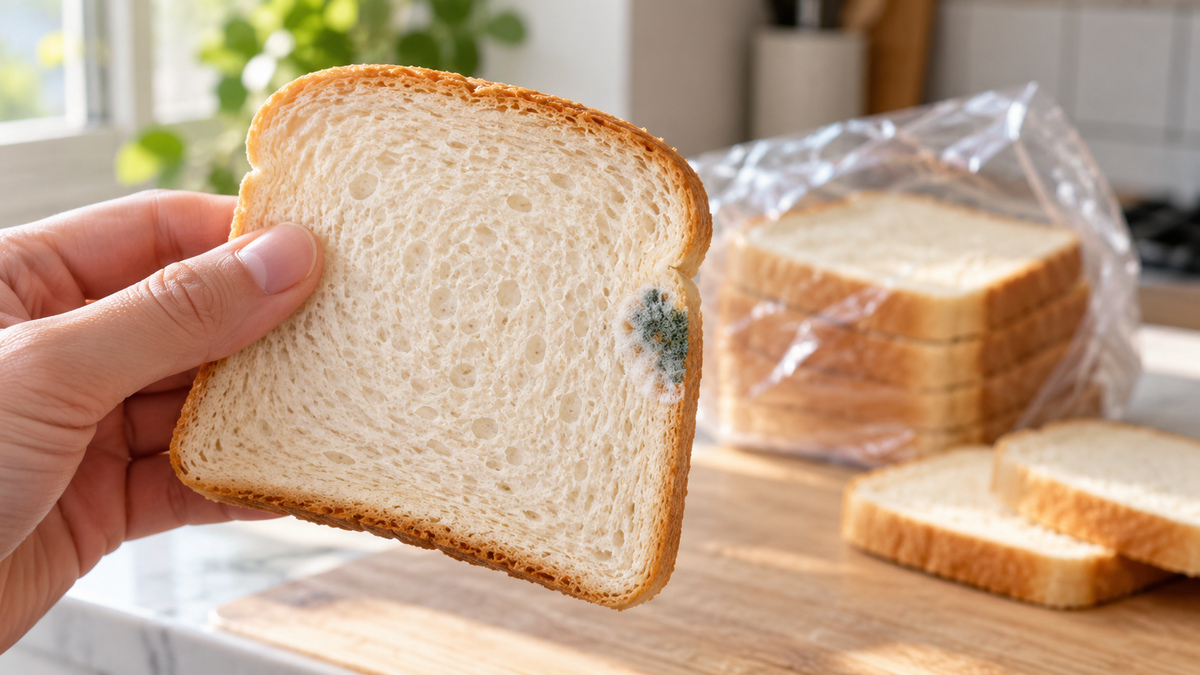 Main tenant une tranche de pain de mie avec une petite tache de moisissure verte
