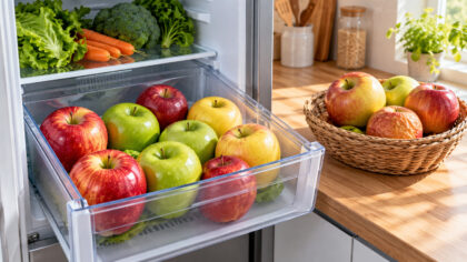 Pommes conservées dans le bac à légumes d’un réfrigérateur et dans une corbeille