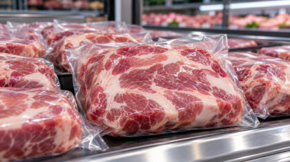 Échine de porc conditionnée sous vide dans un rayon de supermarché