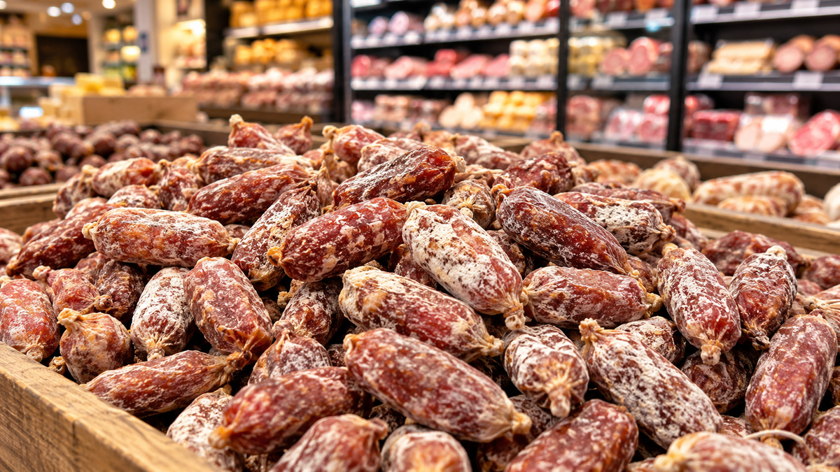 Mini saucissons secs présentés en vrac dans le rayon charcuterie d’un supermarché