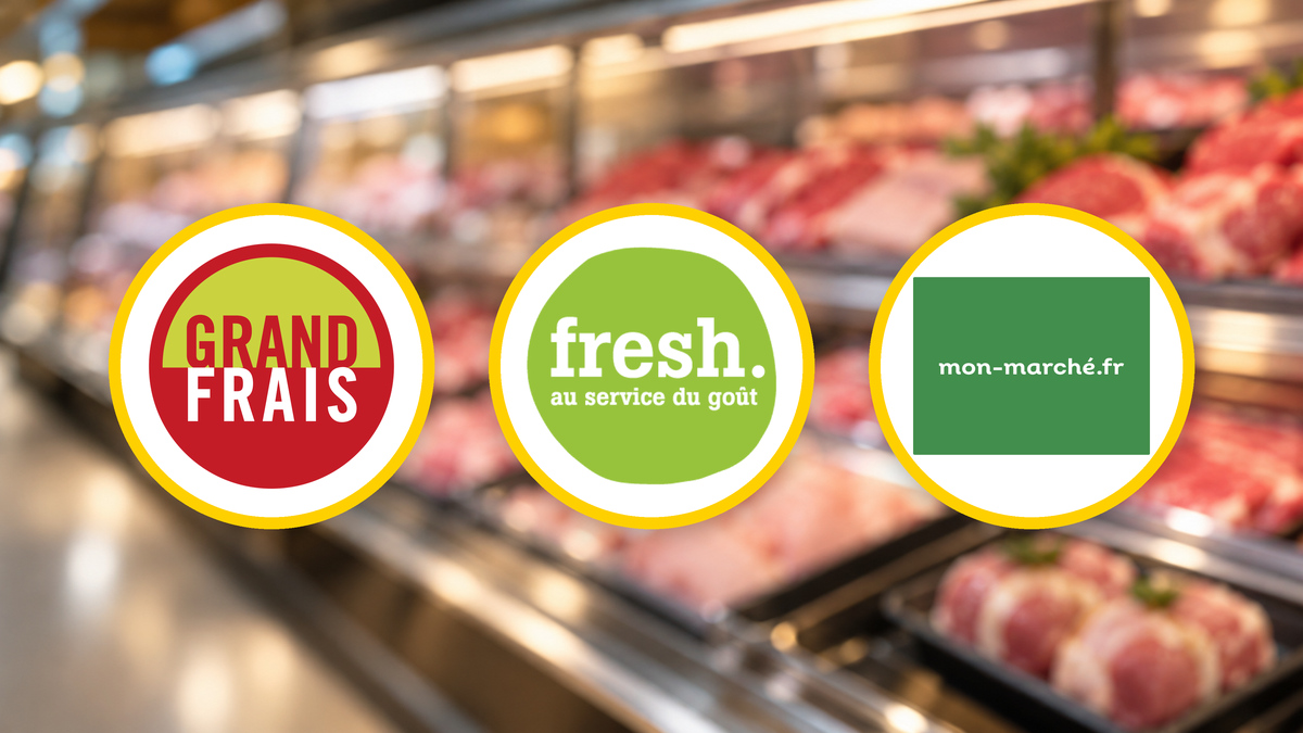 Logos de Grand Frais, Fresh et mon-marché devant un rayon de boucherie