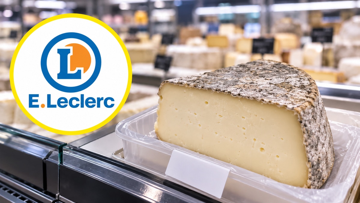 Tome des Bauges présentée au rayon fromage avec le logo E.Leclerc