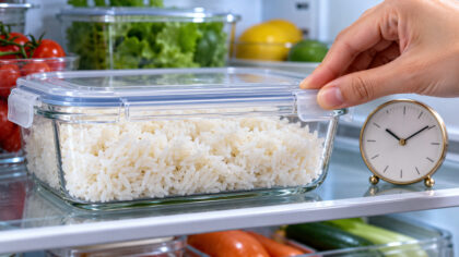 Récipient de riz cuit conservé dans un réfrigérateur à côté d’une horloge